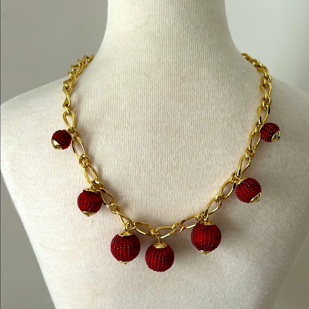 Talbots Red Bead and Gold Tone Metal Necklace